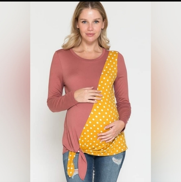 Querencial Maternity Soft Stretchy Color Block Dot Print Front Tie Knot Top - Picture 3 of 8